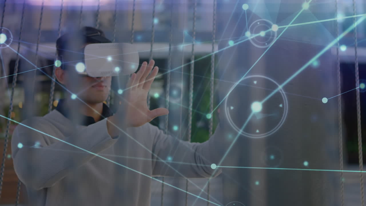 animación de la red de conexiones sobre el hombre que usa auriculares vr