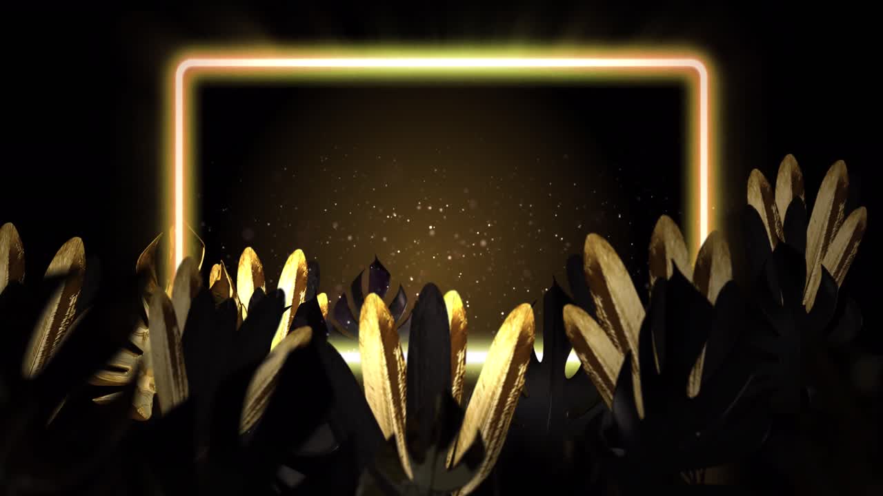 갈색 배경에 노란색 네온 프레임으로 황금색 열대 잎의 애니메이션