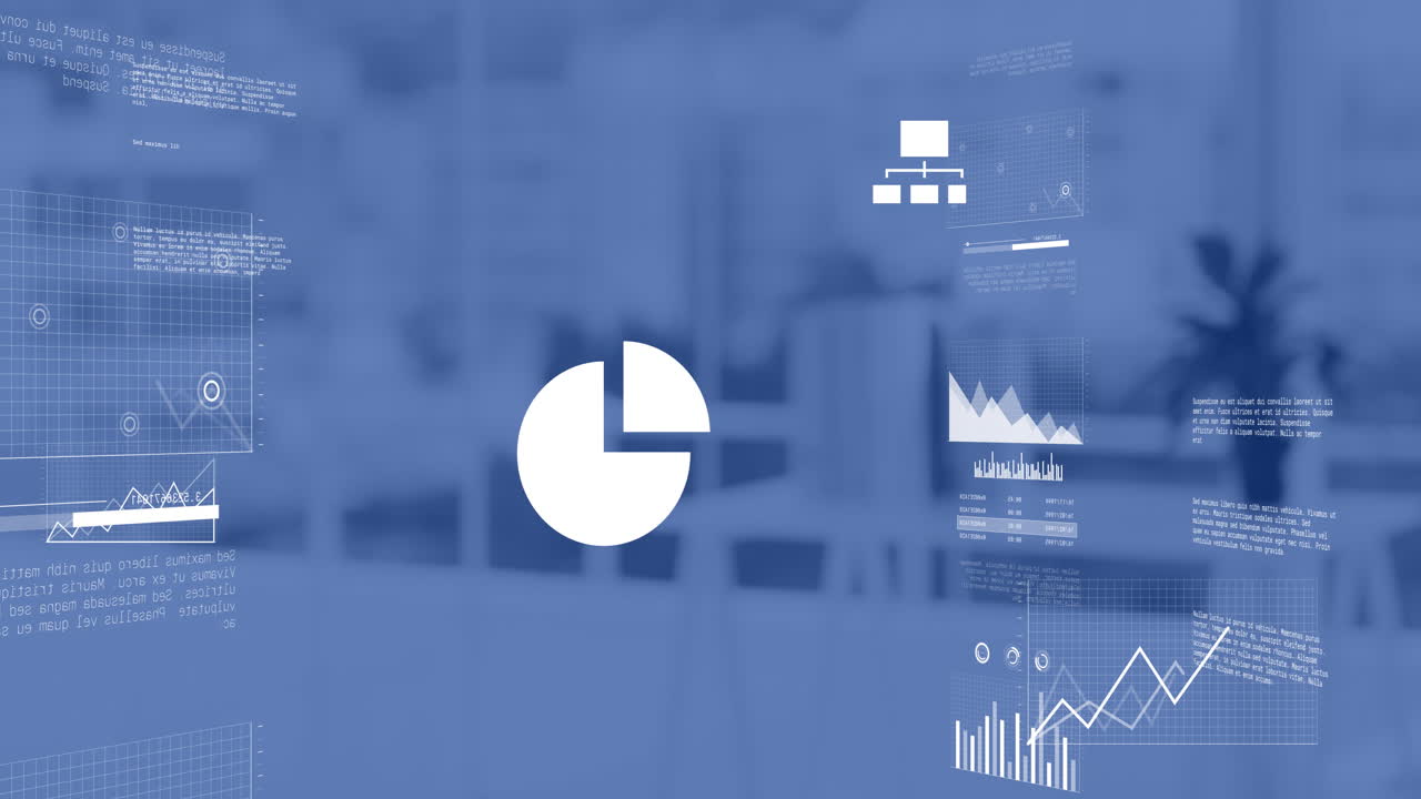 Animation of financial data processing and icons over desk in office