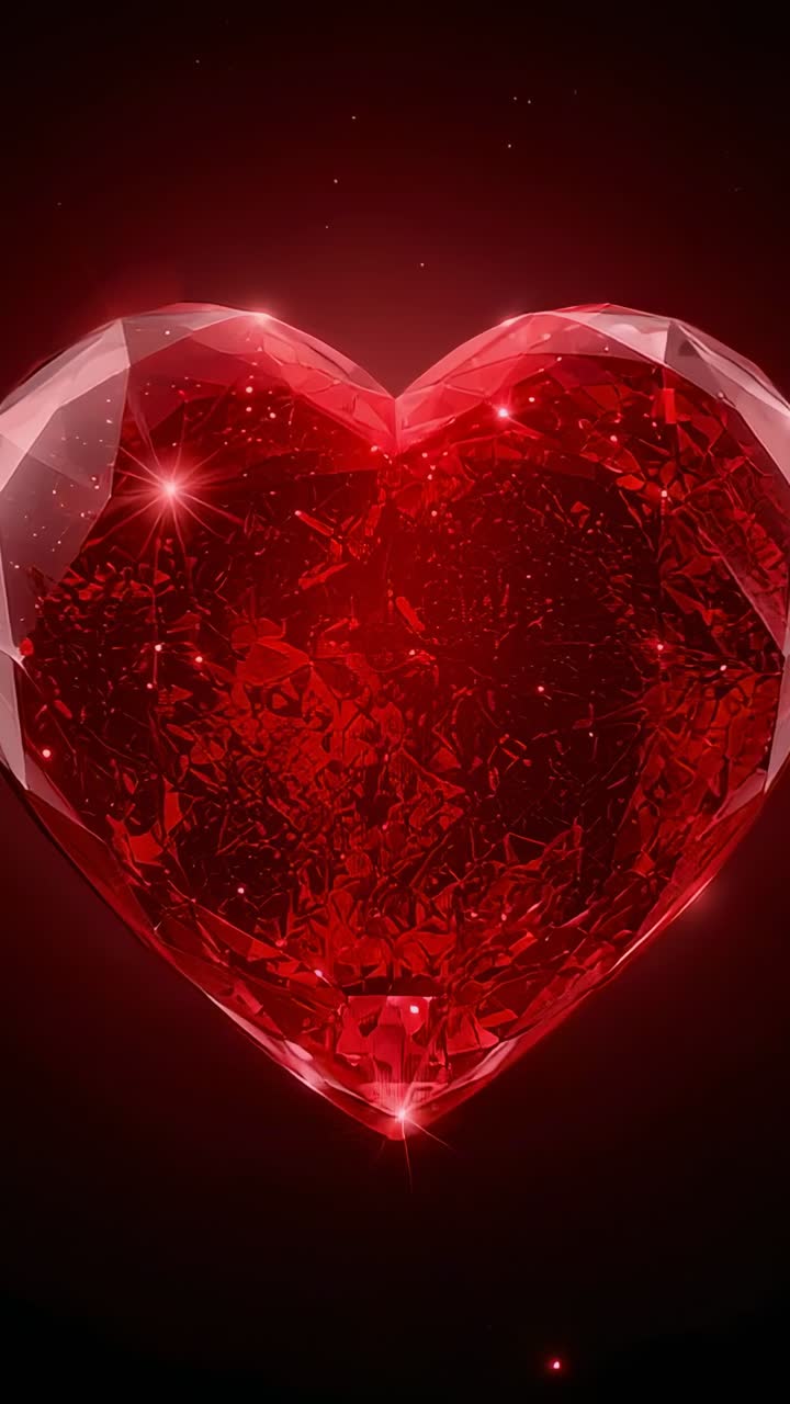 Video verticale: bagliore sinistro in aumento, cuore di cristallo rosso incandescente, pulsante, che mostra granelli nell'oscurità del vuoto