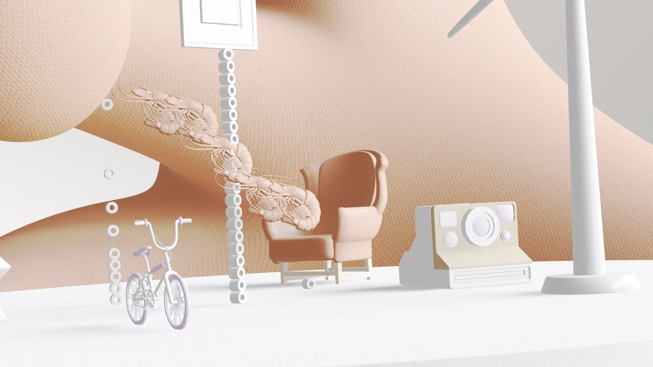 미니멀 3d 아트: 기하학적 디자인 공간에서 애니메이션 된 세련된 객체, 트렌디한 색상 조합, 루프 모션, 4k 비디오