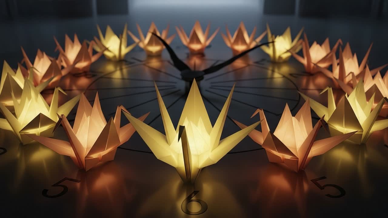 An Artistic Display of Illuminated Origami Cranes on a Clock Face, Symbolizing the Passage of Time and Creativity in a Dreamlike Setting