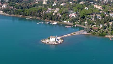 aerial view of beautiful church of the hypapante at gouvia beach in corfu greece