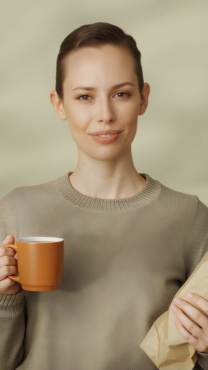 Vertical video: Woman in sweater holding orange mug and bag, changing look on cue in studio for ad