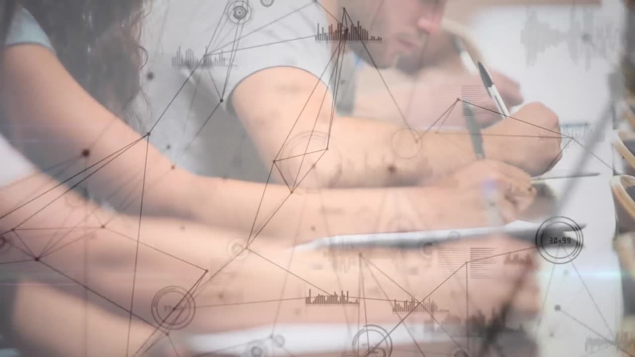 연결망을 통해 글을 쓰는 학생들의 애니메이션, 배경에는 통계가 표시되어 있습니다.