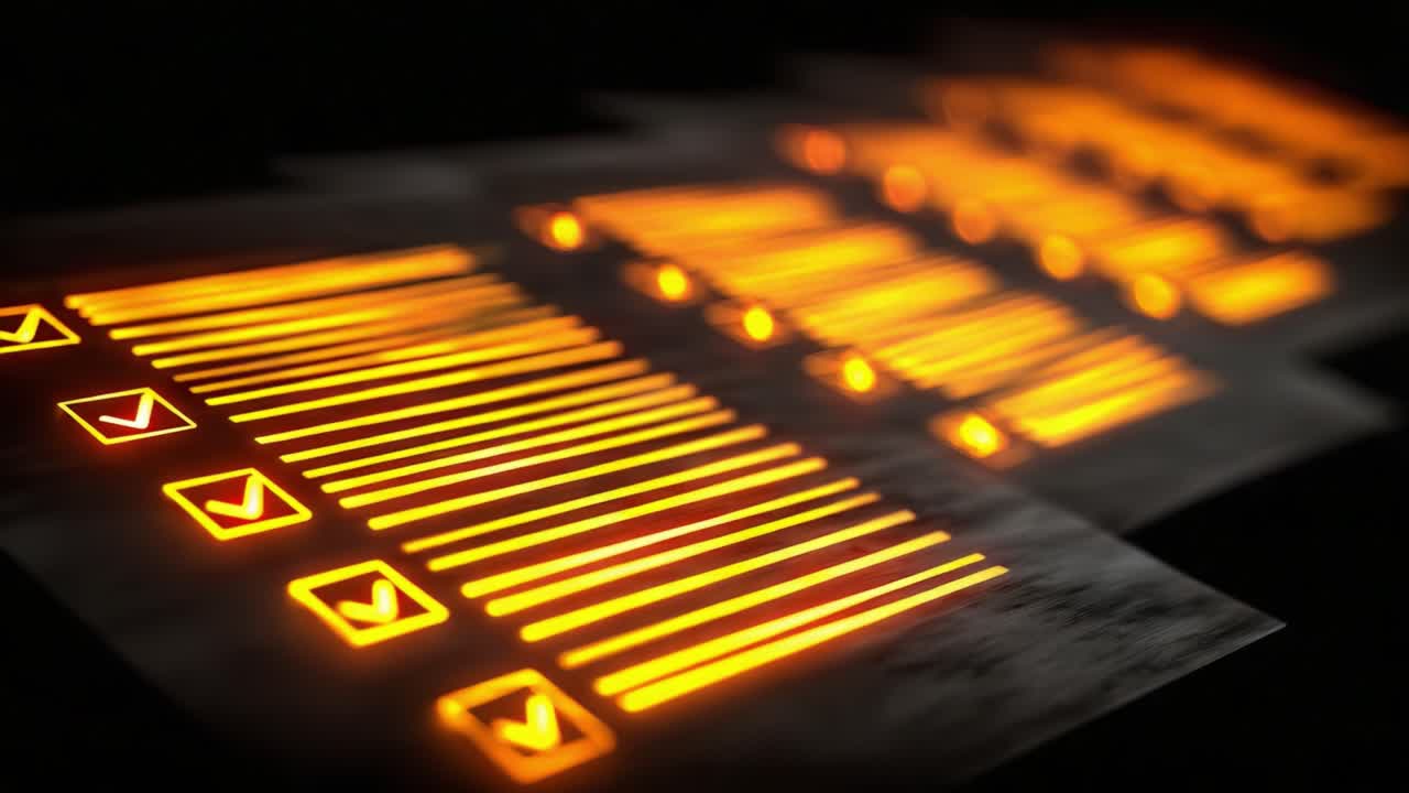 Illuminated Checklists with Vibrant Orange Highlights Indicate Completed Tasks Against a Dark Background in a Modern Digital Interface