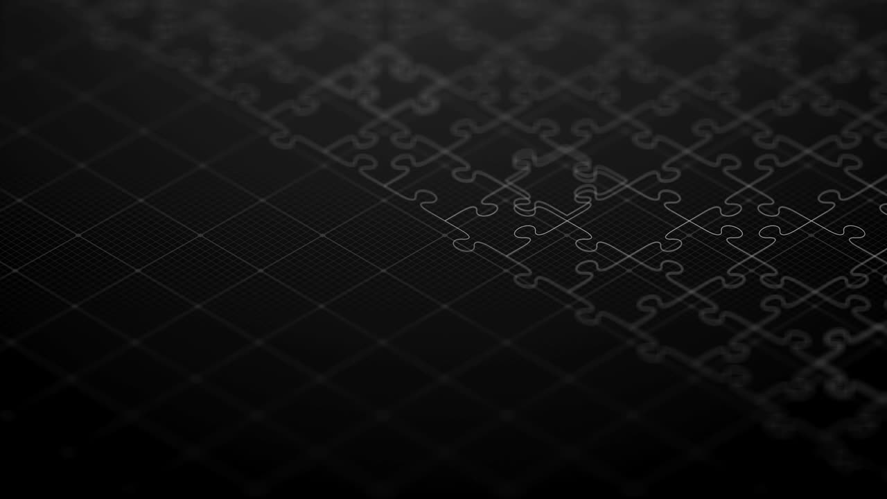 Abstract 3D isometric virtual line Jigsaw puzzle assemble moving white color with square mesh pattern illustration on black gradients background, seamless looping animation 4K with copy space