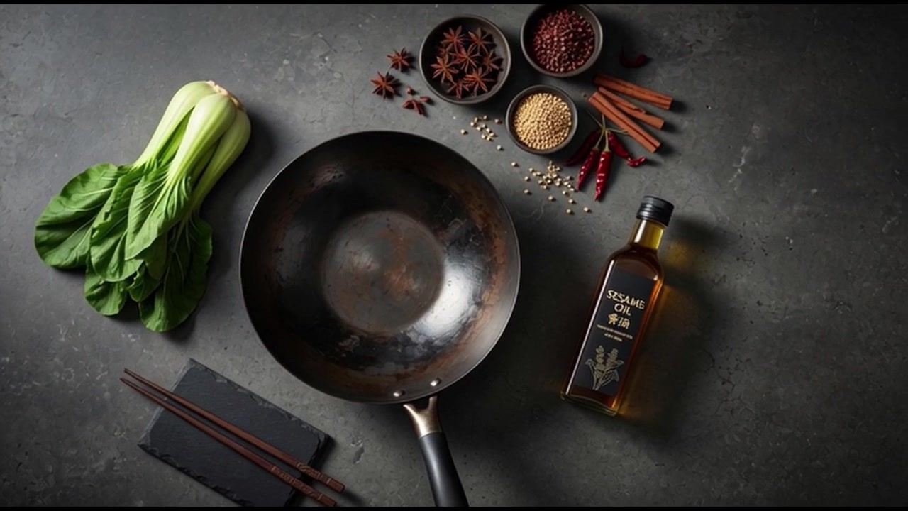 Wok with Bok Choy and Spices on a Dark Kitchen Countertop