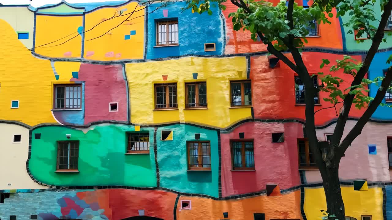 un edificio colorido con un árbol delante de él