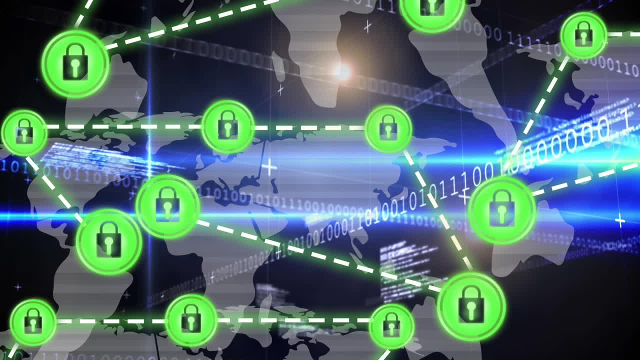 파드락 보안 아이콘을 가진 연결 네트워크의 애니메이션이 바이너리 코딩으로