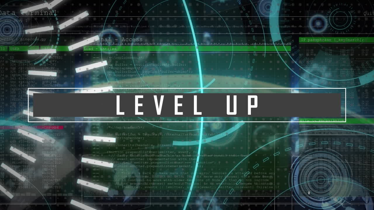 5g 텍스트, 둥근 스캐너 및 전 세계에 대한 데이터 처리의 레벨 업 텍스트 배너의 애니메이션