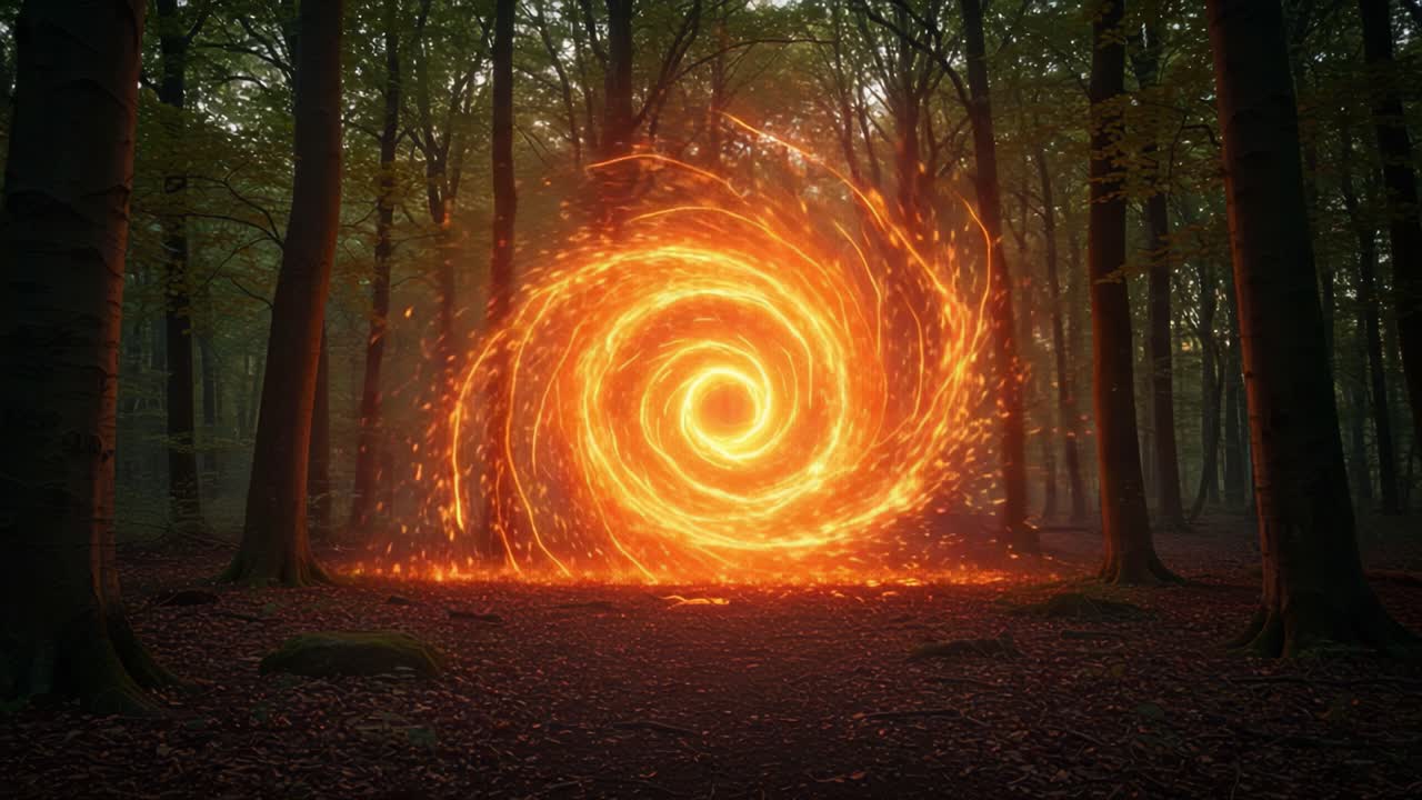 A Mysterious Fiery Portal Appearing Amidst a Tranquil Forest, Surrounded by Towering Trees and Autumn Leaves, Capturing the Wonder of Nature and Magic