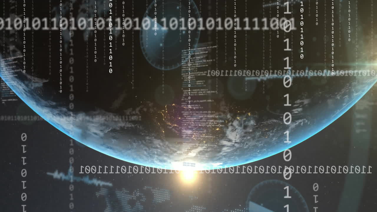 Animation of globe with binary coding and data processing over dark background