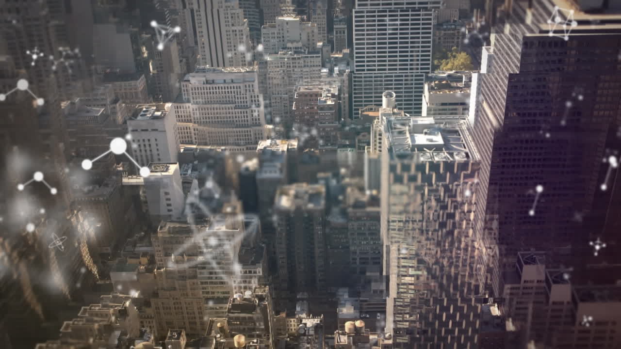 도시 풍경 위의 분자 네트워크의 애니메이션