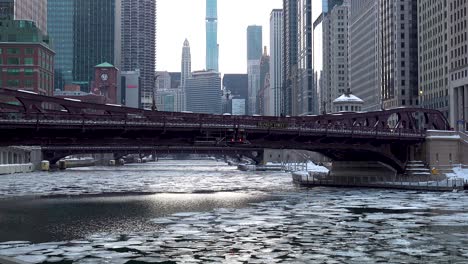 downtown city frozen river with ice