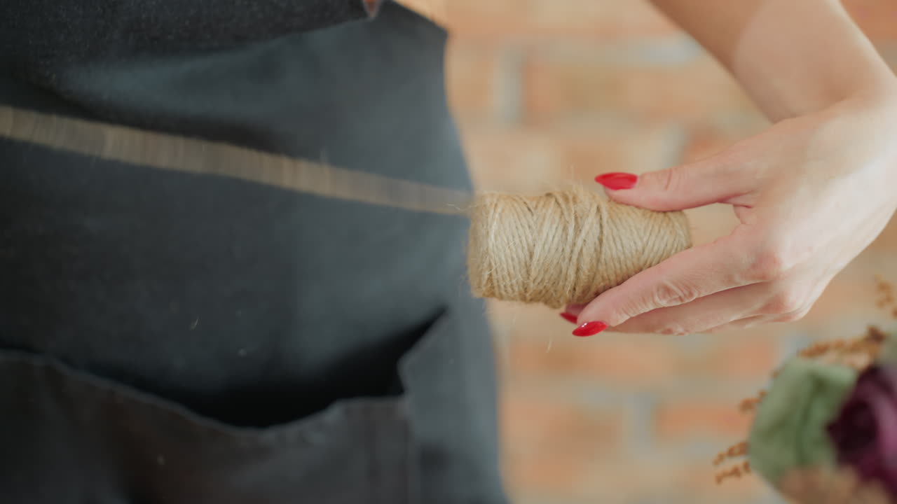 Decorator holding spool of twine while pulling coarse string with red manicured hands, preparing natural fiber cord for handmade craft decoration project in workshop with focus on artisan process