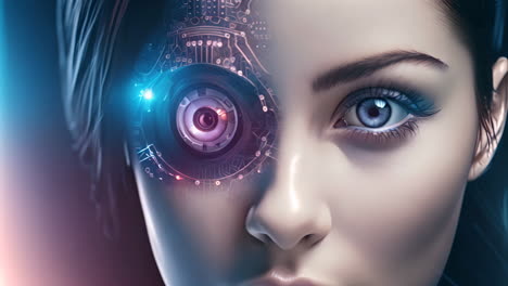 a futuristic eyeball in front of a woman's face