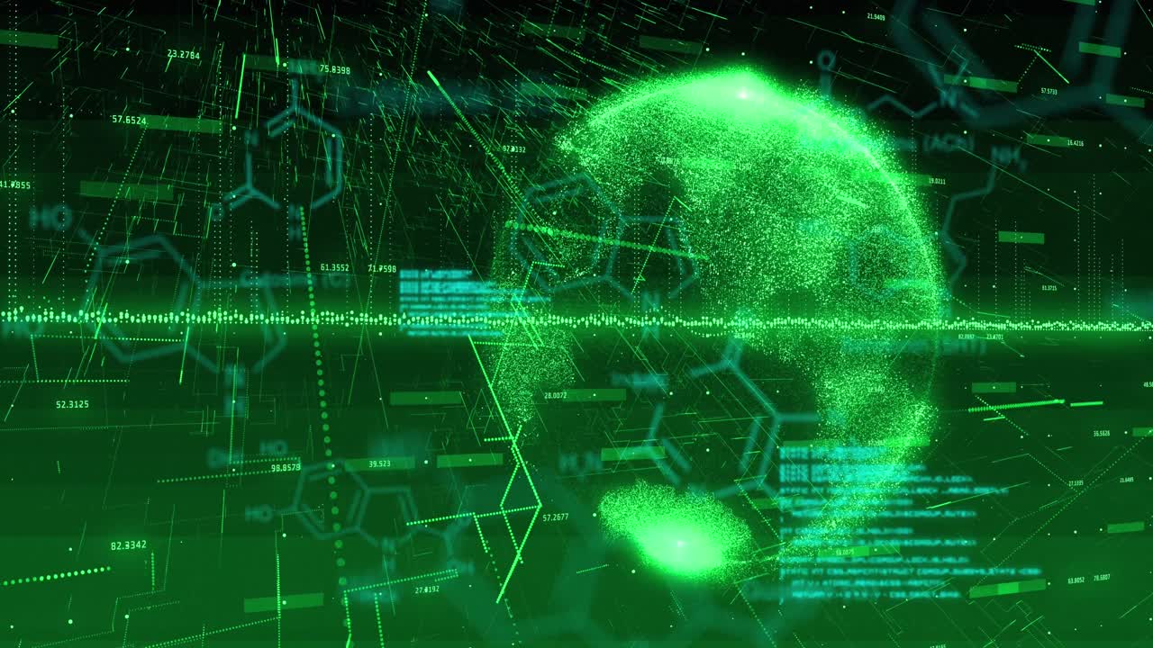 Animation of data processing and globe on green background