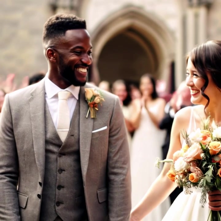 Coppia gioiosa e diversa che ride e si bacia al loro matrimonio