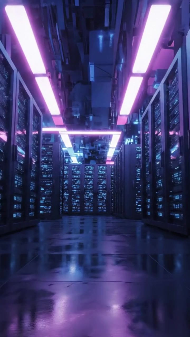 A Stunning View Inside a High-Tech Data Center Showcasing Rows of Server Racks Illuminated by Vibrant Neon Lights and Reflective Surfaces, Creating a Futuristic Atmosphere