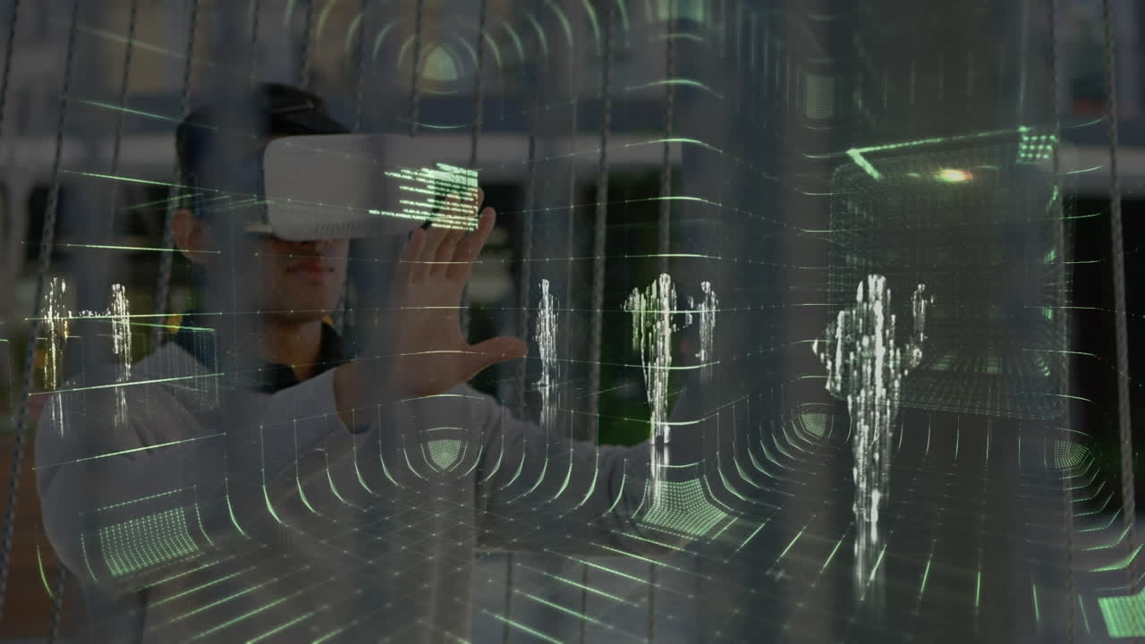 animazione dell'elaborazione dei dati sull'uomo che indossa l'auricolare