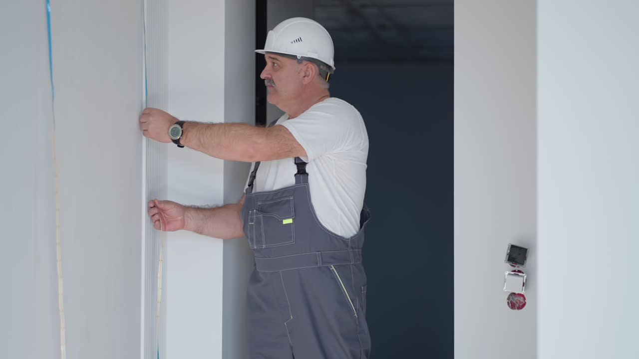 An electrician in a helmet installs and checks LED strips for illumination in the apartment. Check the light and lighting decorative