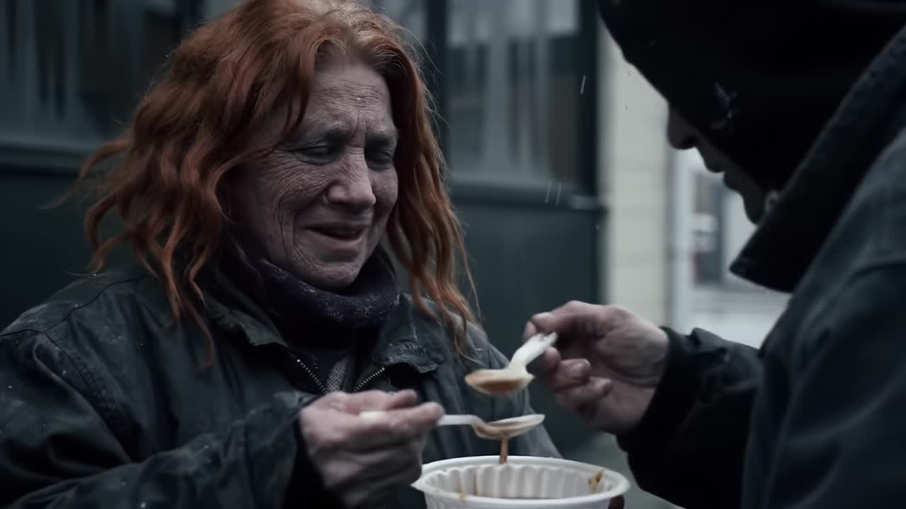 In a city on a rainy day, a kind stranger offers a warm meal to a visibly grateful woman. This act of compassion highlights community support for those in need.