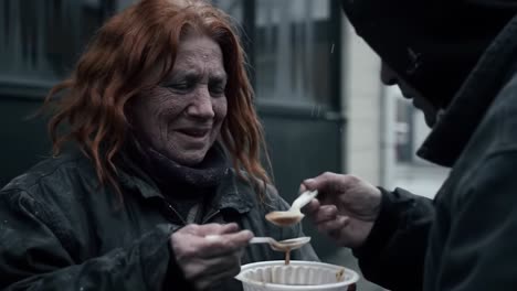 in a city on a rainy day, a kind stranger offers a warm meal to a visibly grateful woman. this act of compassion highlights community support for those in need.