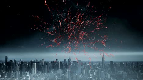 fuegos artificiales en el cielo y una vista de una ciudad