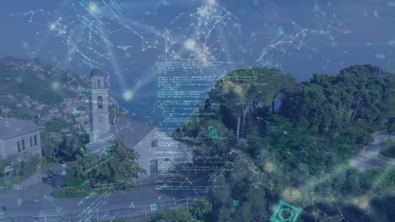 Animation of network of connections over landscape and cityscape