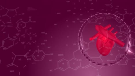 animación de fórmulas químicas sobre un modelo de corazón humano en un fondo oscuro