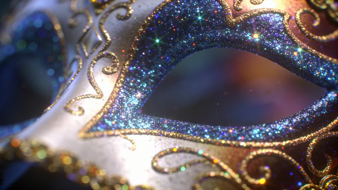 Telecamera e luce che si spostano rivelano una maschera con filigrana dorata su un set da studio, per catturare glitter blu.