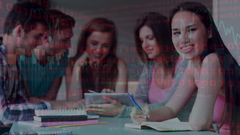 animación de procesamiento de datos sobre estudiantes caucásicos hablando