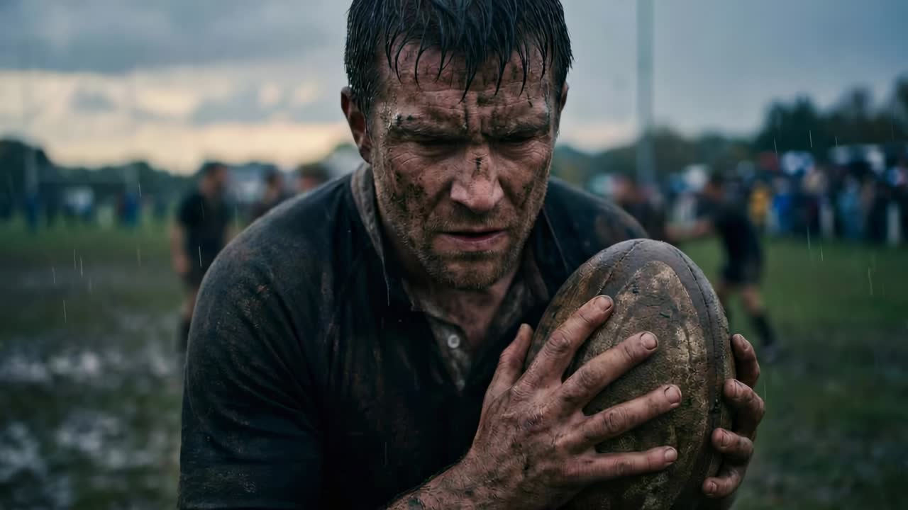 Holding rugby player gripping ball, lifting head, preparing for play on wet pitch, with muddy kit