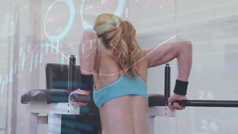 animación del procesamiento de datos financieros sobre una mujer caucásica haciendo ejercicio en el gimnasio