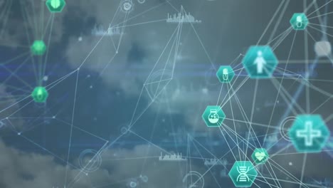 animation of network of connections with medical icons and data processing over sky