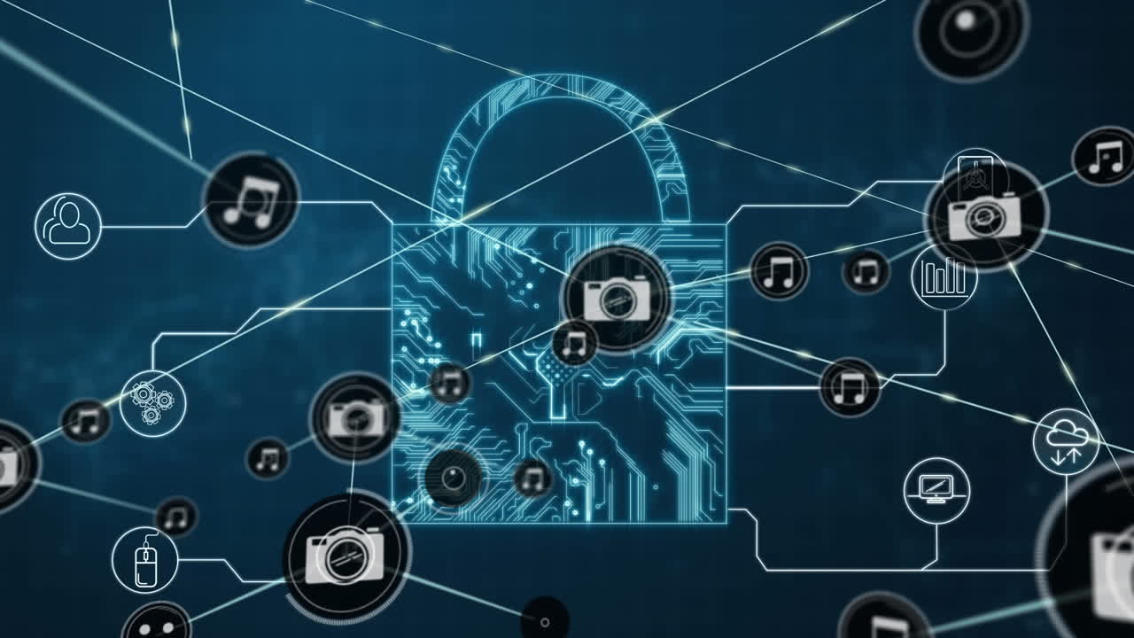 Animation of network of connections with icons over online security padlock