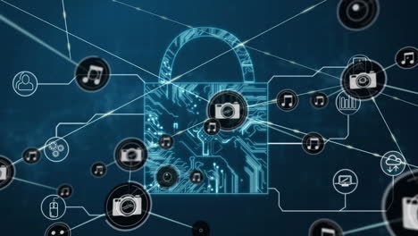 animación de la red de conexiones con iconos sobre el candado de seguridad en línea