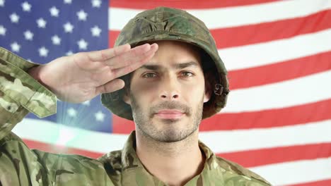 Animation-of-light-spot-moving-over-caucasian-male-soldier-saluting-against-waving-american-flag