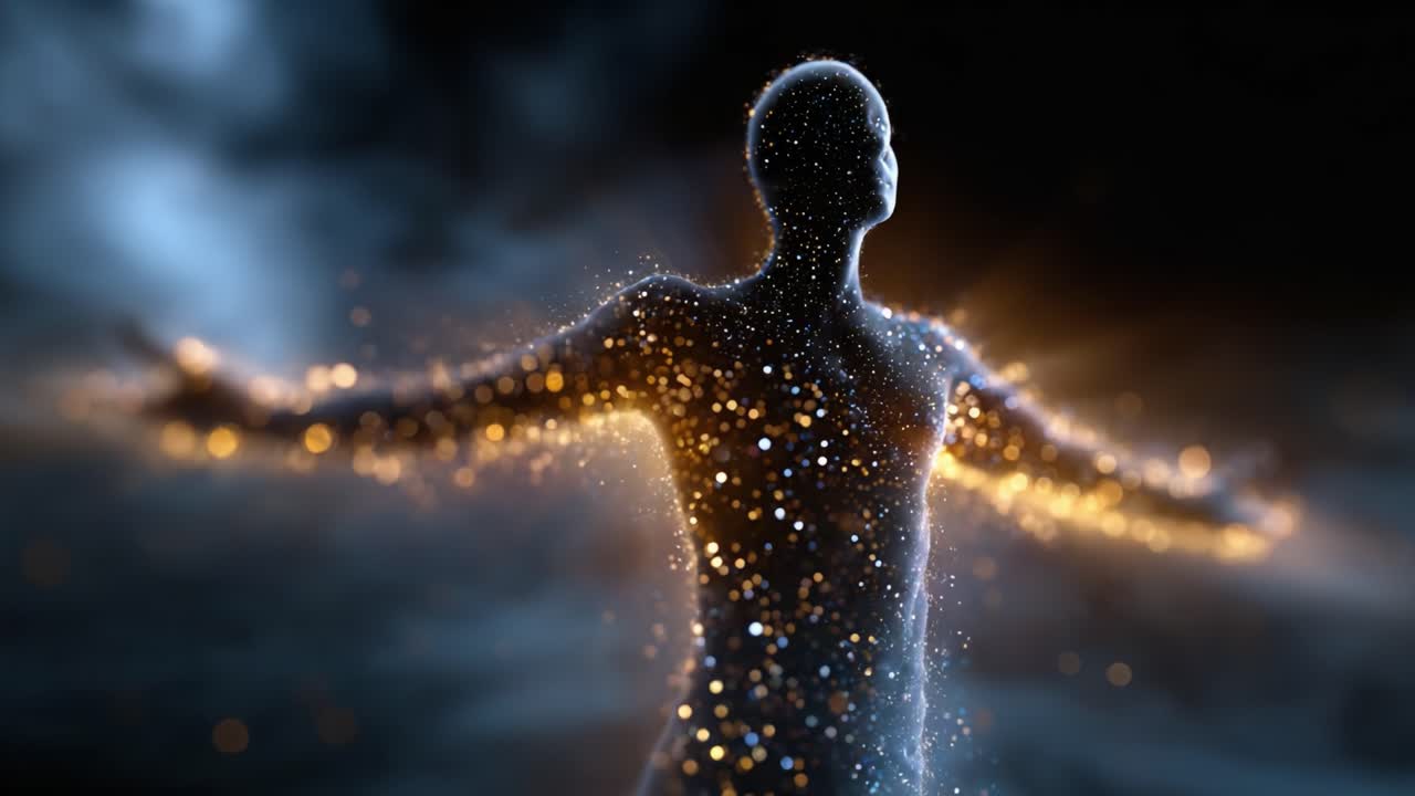 A radiant figure emerges from the shadows, embodying the ethereal beauty of light and energy, as particles dance around in an enchanting cosmic display