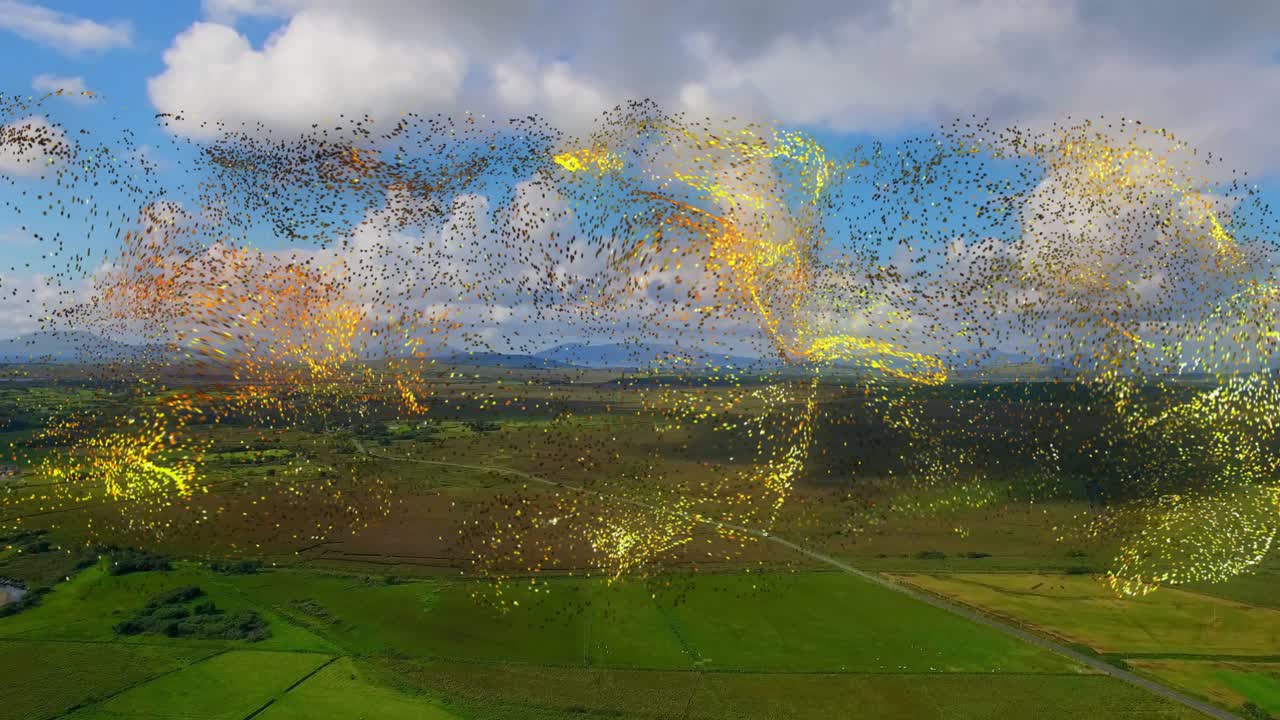 Yellowgreen glow emerging left, ribbon unfolding and waving above farmland, accenting landscape