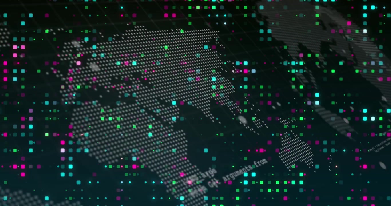 Animation of world map and data processing over moving columns on black background