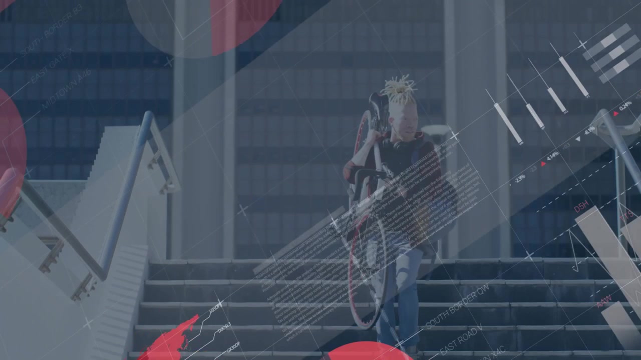 man carrying bicycle climbing office stairs, with floating charts and data lines for tech marketing