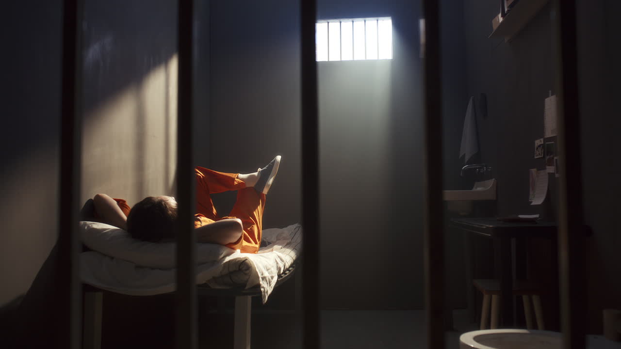 Inmate Resting on Prison Bed under Sunlight from Cell Window