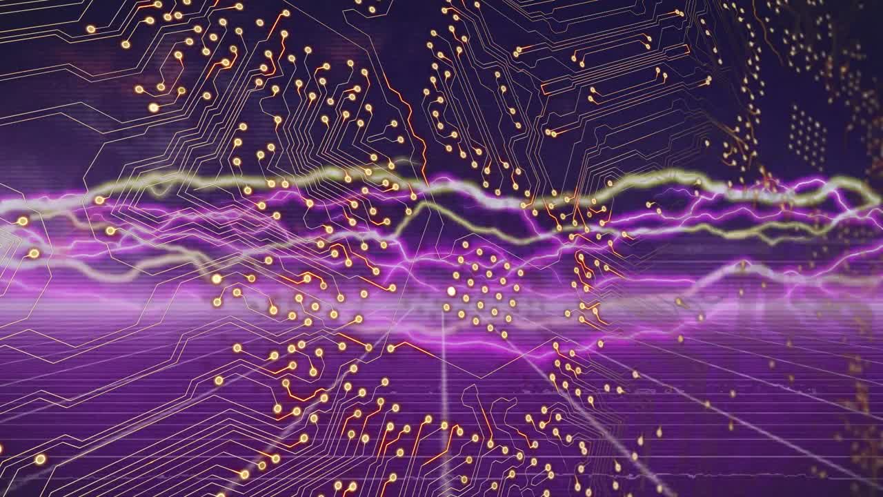 Digital animation of microprocessor connections over purple light trails against blue background
