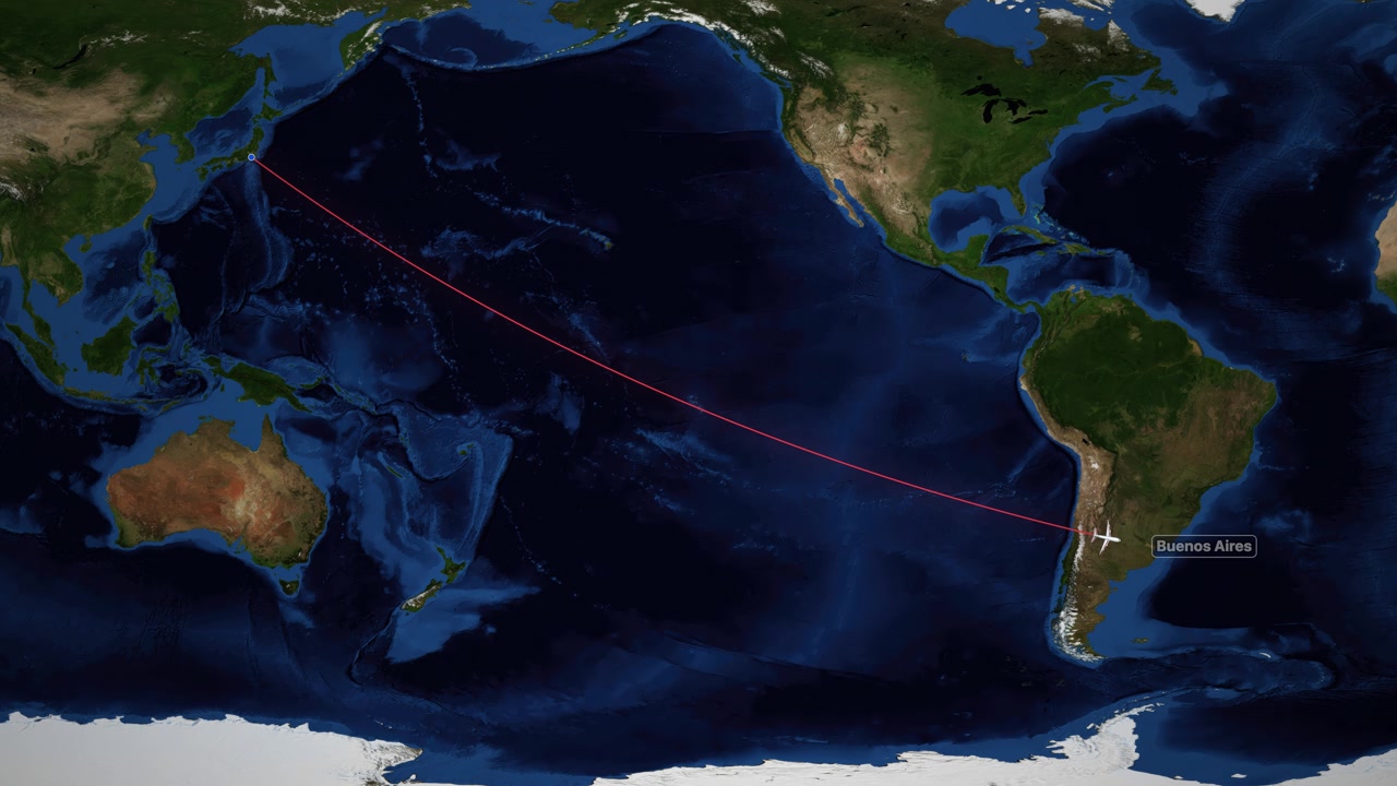 Airplane icon travels across Pacific Ocean map from Tokyo Japan to Buenos Aires
