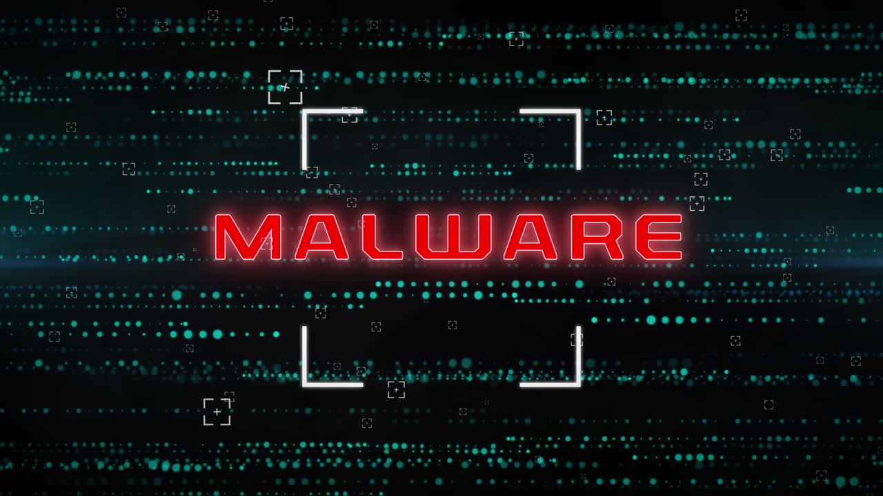 animación del procesamiento de datos y texto de malware sobre fondo negro