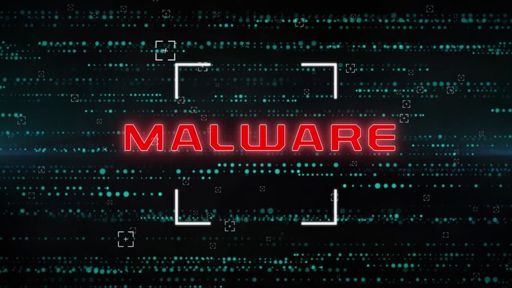 Animation of data processing and malware text over black background