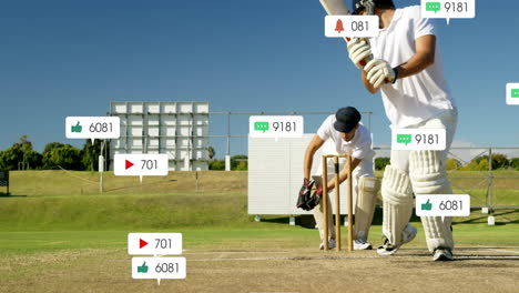 animation of social media icons with growing numbers over caucasian male cricket players