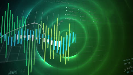 animación de gráficos y números con tablero de negociación moviéndose sobre círculos verdes iluminados